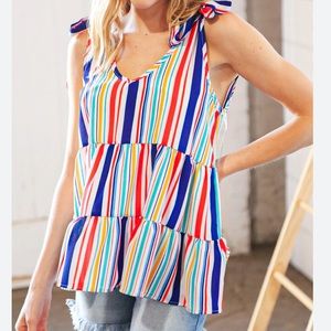 Multicolor vertical stripe bow tie sleeve tank top